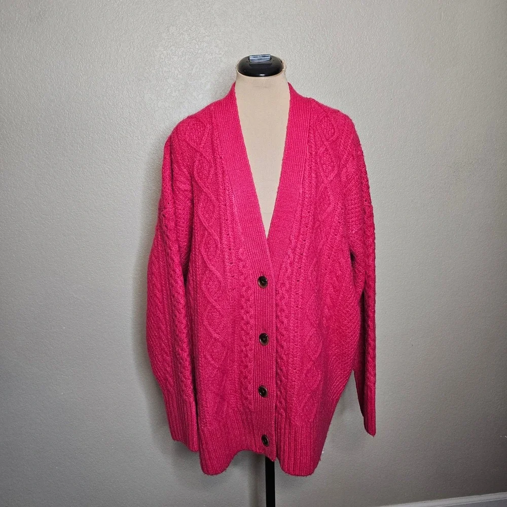 J.Crew Womens XL Pink Cable Knit Cardigan Oversized Button Front Sweater - Picture 2 of 13
